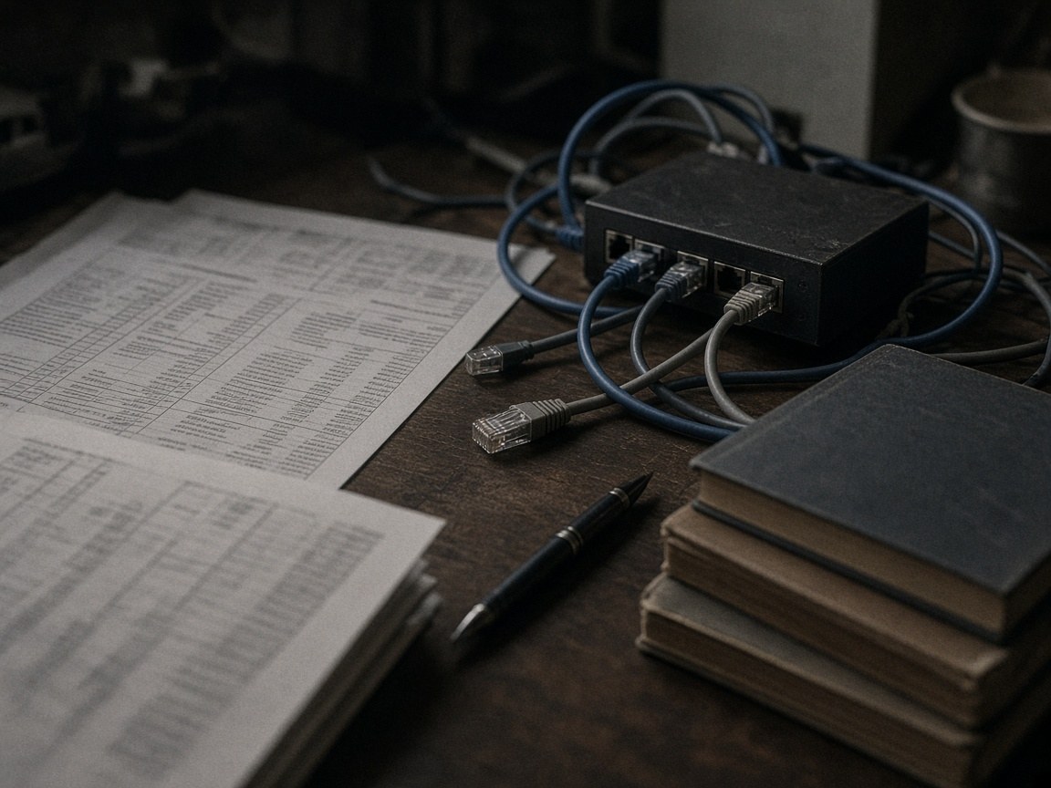 An operator desk with records and cables