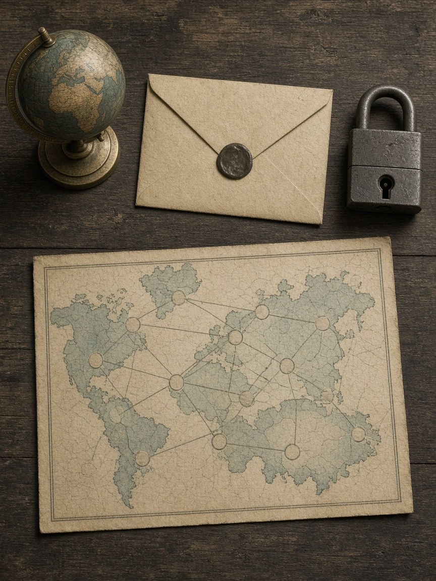 Domain, mail, lock, and map on one desk
