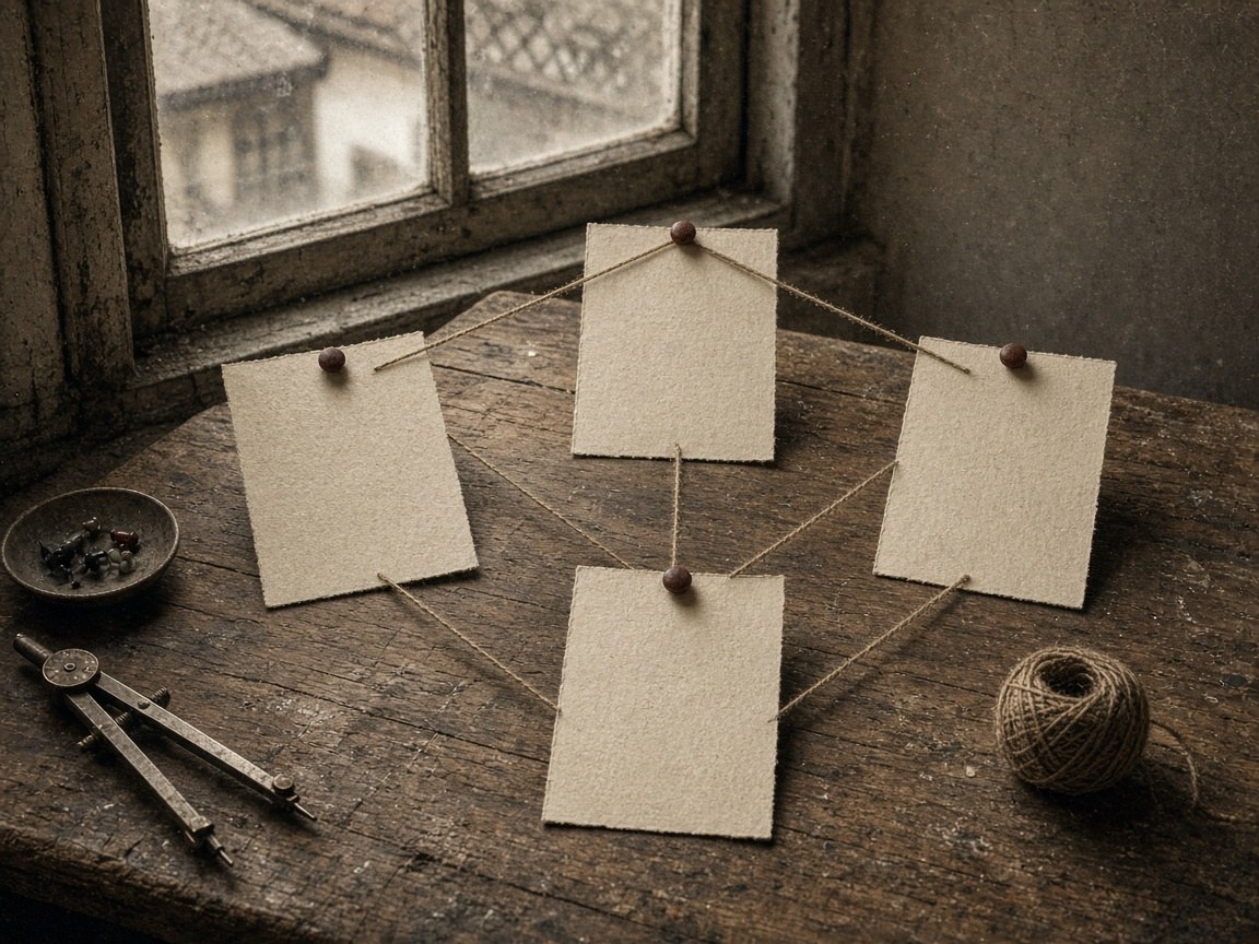 Four connected cards for name, mail, door, and search