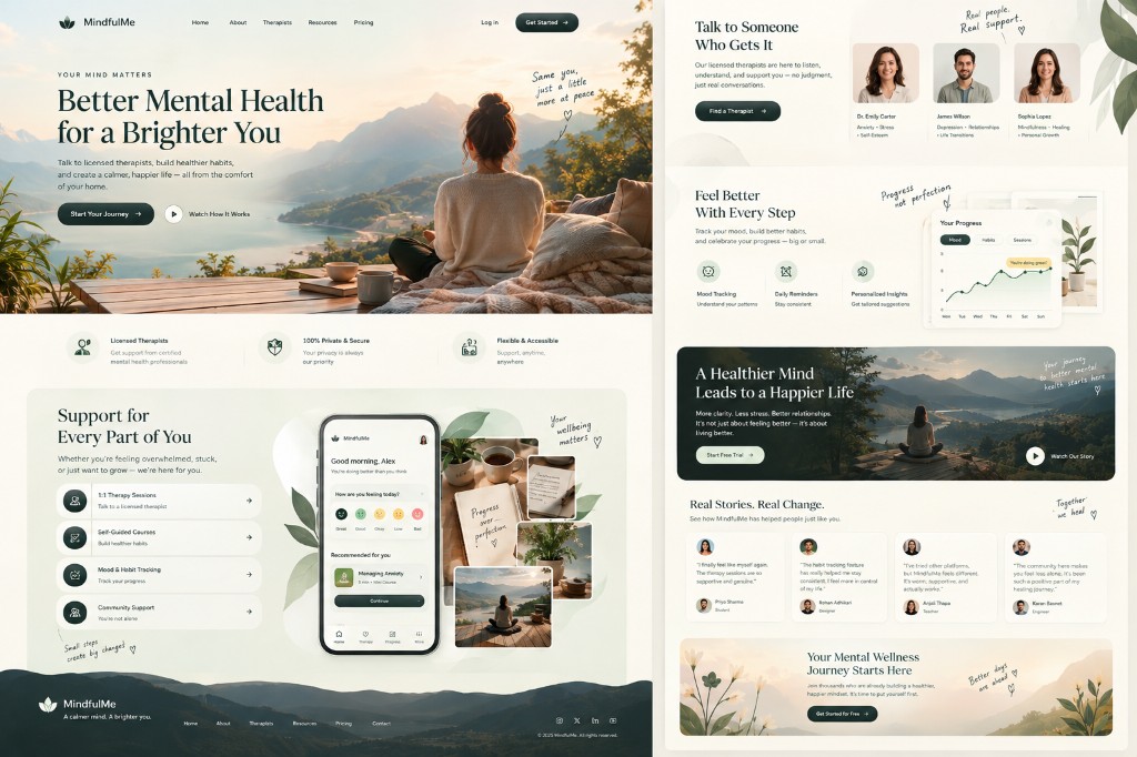 MindfulMe mental wellbeing platform in color, landing through therapists and progress