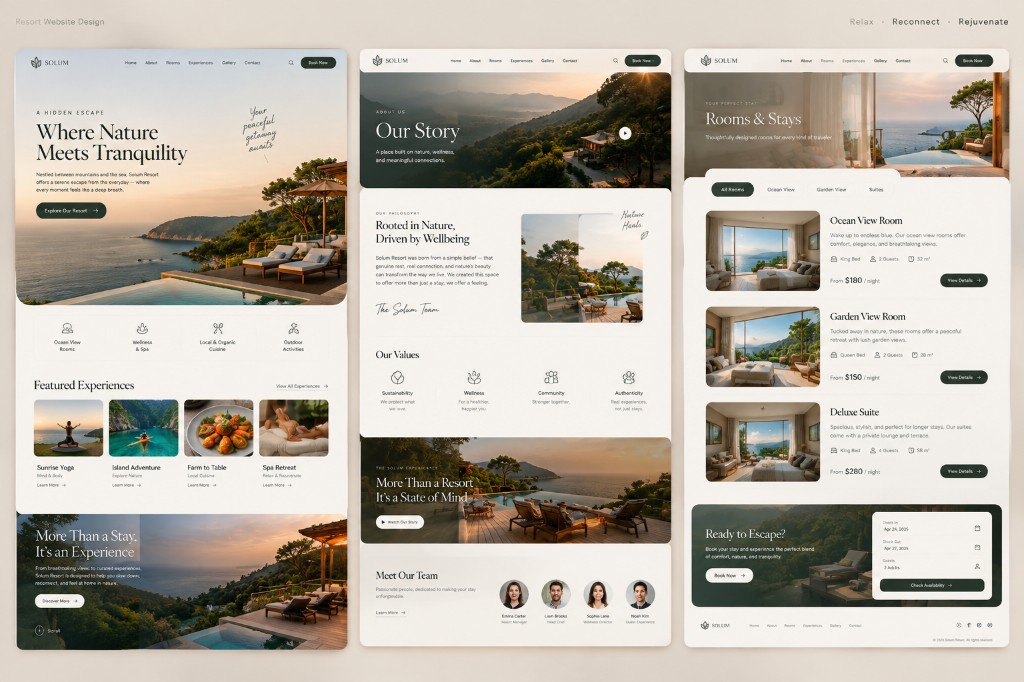 Solum resort website in color, homepage through rooms and booking